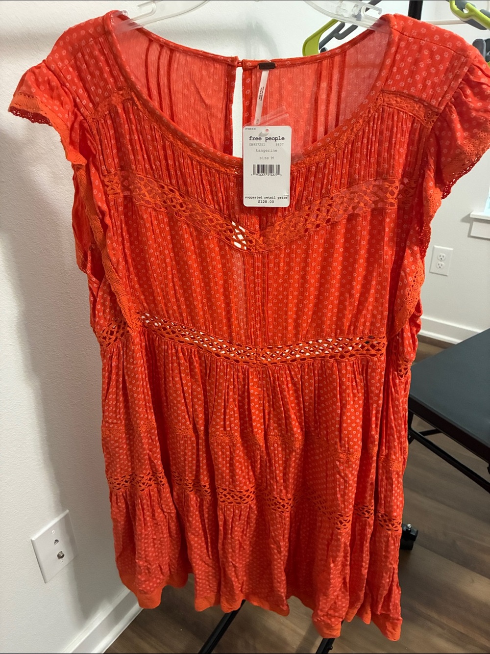 Free People NWT Retro Kitty Crochet-Trim Mini Baby Doll Dress in Tangerine
